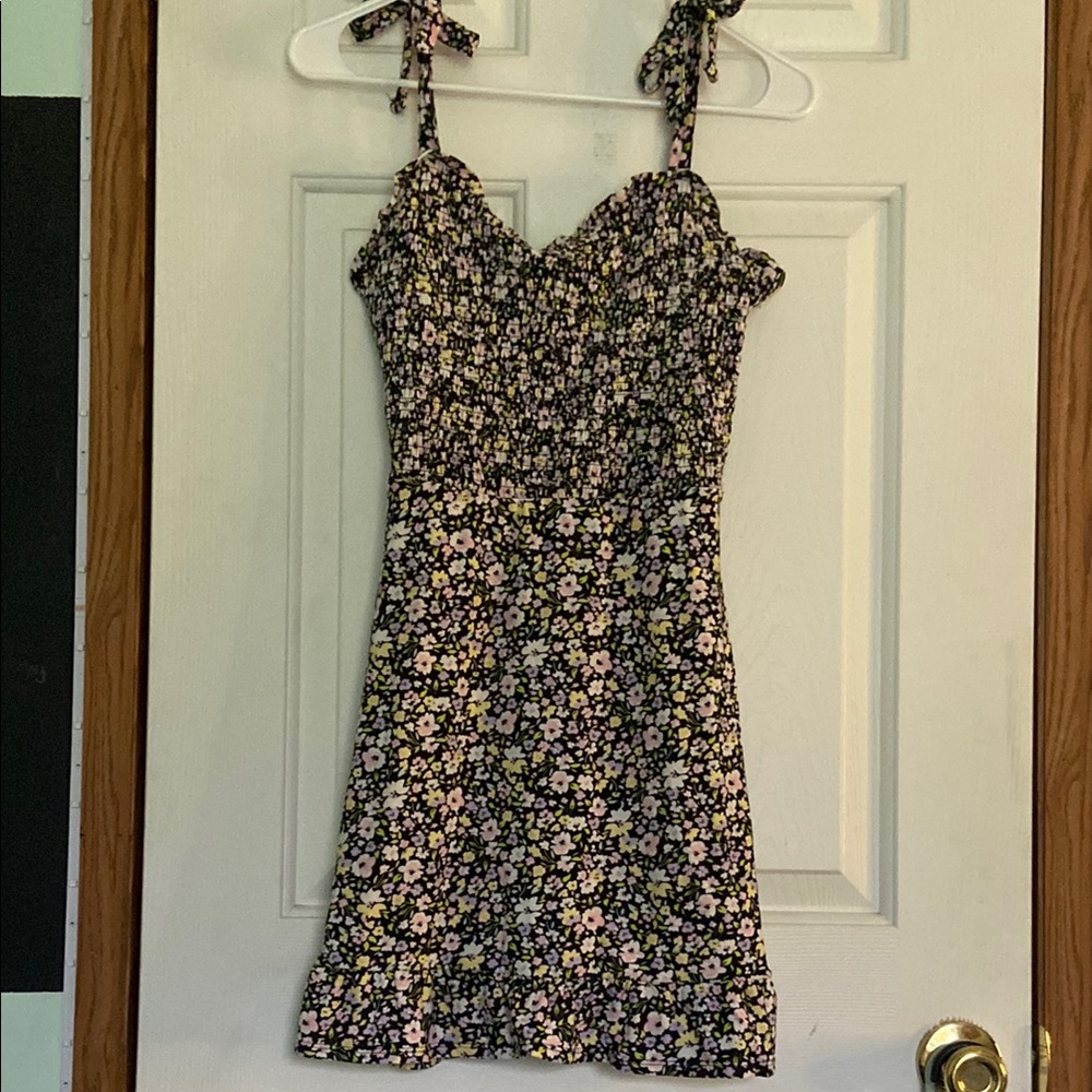 Floral Black Dress with Pink and Green Accents